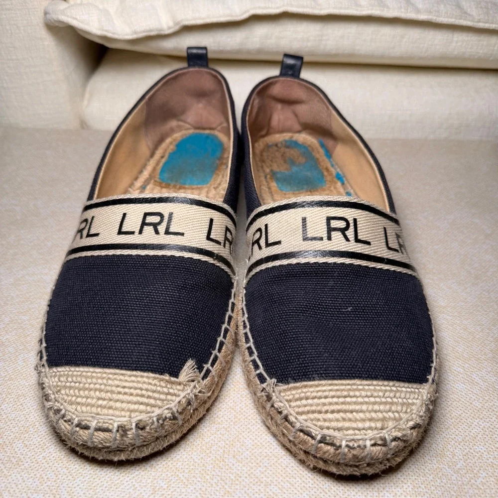Lauren Ralph Lauren Caylee Espadrille Flats Womens 7.5 Navy Canvas Logo Nautical